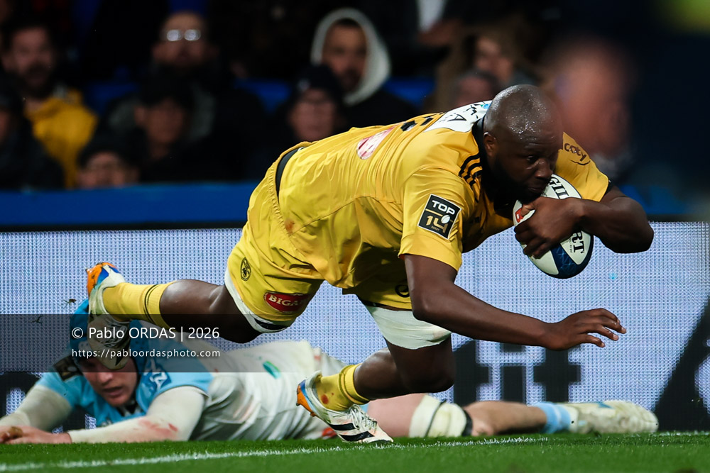 Judicaël Cancoriet, lors du match de Top 14 entre l'Aviron bayonnais et le Stade rochelais, le 28 mars 2026 au stade Anoeta de Saint-Sébastien, Espagne (Photo Pablo ORDAS)