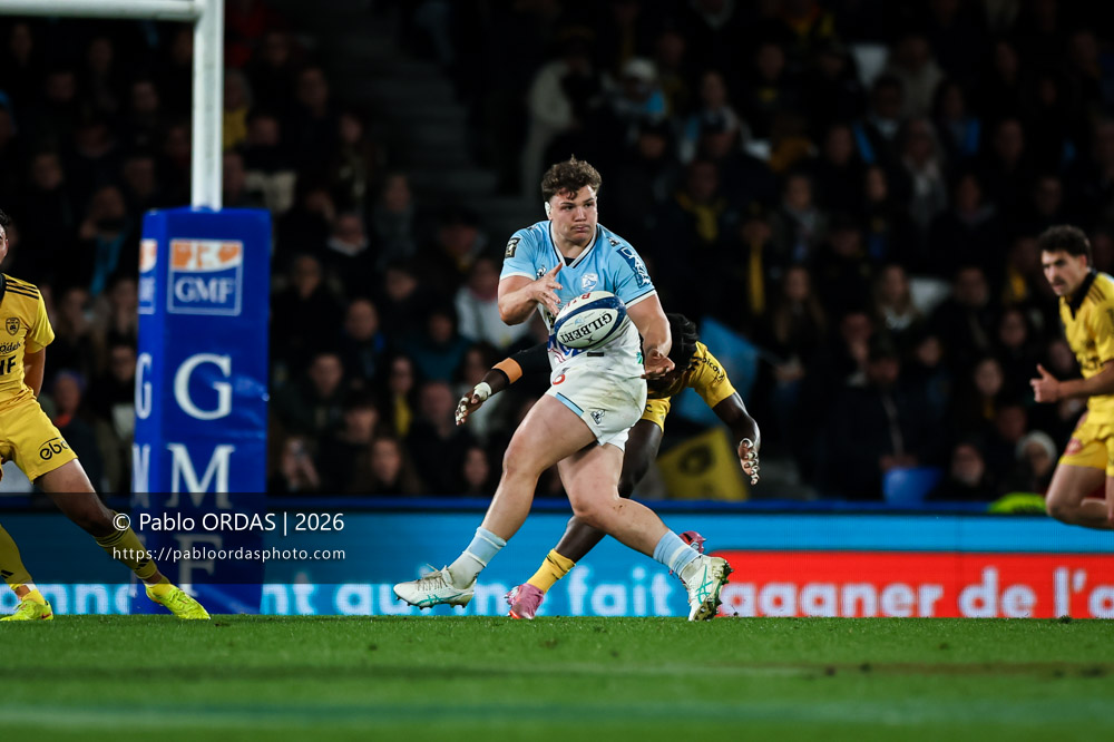 Lucas Martin, lors du match de Top 14 entre l'Aviron bayonnais et le Stade rochelais, le 28 mars 2026 au stade Anoeta de Saint-Sébastien, Espagne (Photo Pablo ORDAS)
