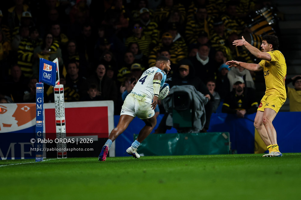 Cheikh Tiberghien, lors du match de Top 14 entre l'Aviron bayonnais et le Stade rochelais, le 28 mars 2026 au stade Anoeta de Saint-Sébastien, Espagne (Photo Pablo ORDAS)