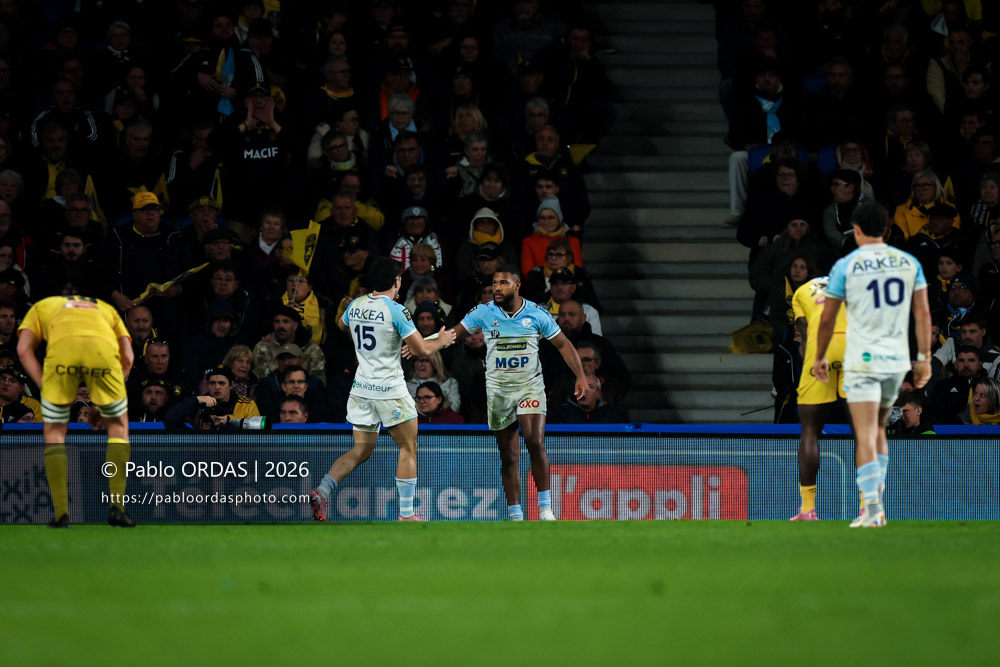 Cheikh Tiberghien, lors du match de Top 14 entre l'Aviron bayonnais et le Stade rochelais, le 28 mars 2026 au stade Anoeta de Saint-Sébastien, Espagne (Photo Pablo ORDAS)