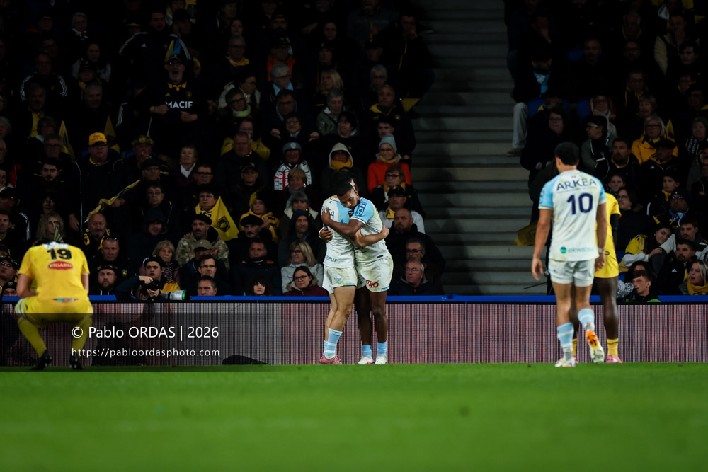Cheikh Tiberghien, lors du match de Top 14 entre l'Aviron bayonnais et le Stade rochelais, le 28 mars 2026 au stade Anoeta de Saint-Sébastien, Espagne (Photo Pablo ORDAS)
