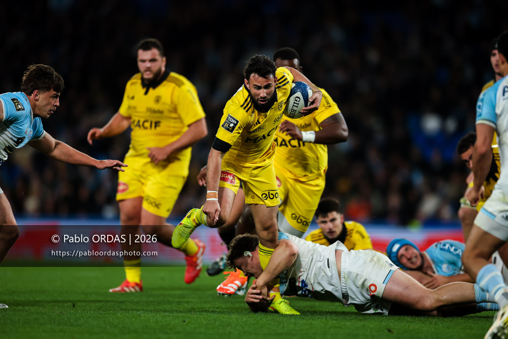 Antoine Hastoy, lors du match de Top 14 entre l'Aviron bayonnais et le Stade rochelais, le 28 mars 2026 au stade Anoeta de Saint-Sébastien, Espagne (Photo Pablo ORDAS)
