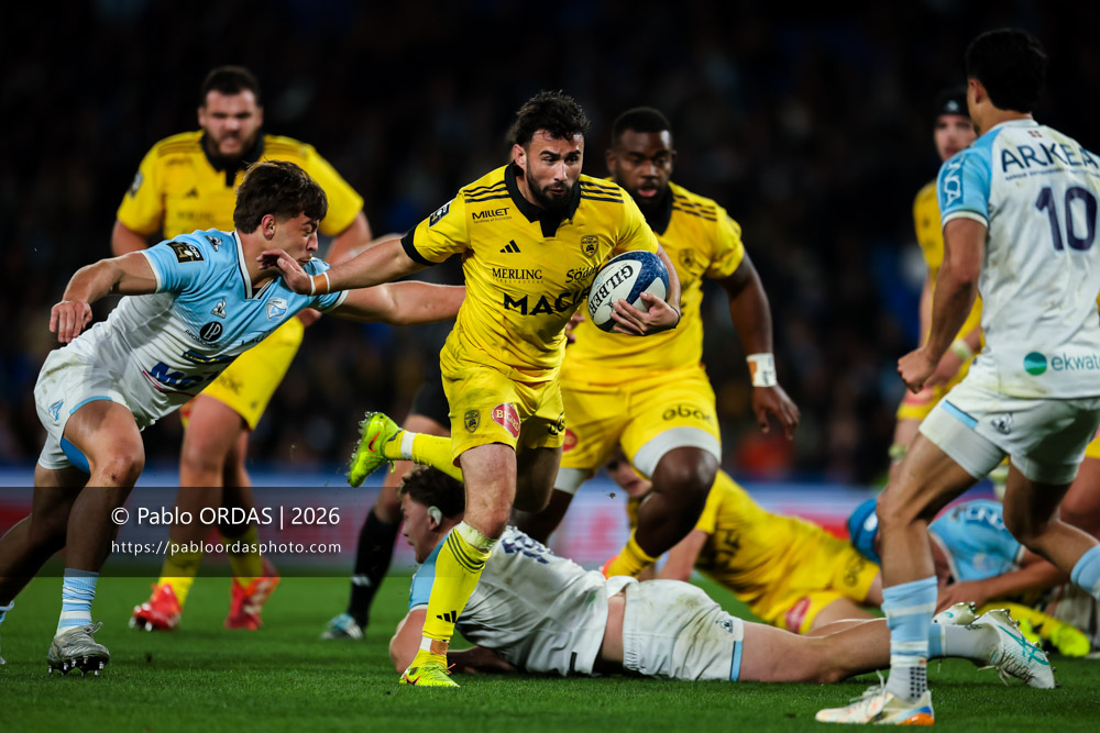 Antoine Hastoy, lors du match de Top 14 entre l'Aviron bayonnais et le Stade rochelais, le 28 mars 2026 au stade Anoeta de Saint-Sébastien, Espagne (Photo Pablo ORDAS)