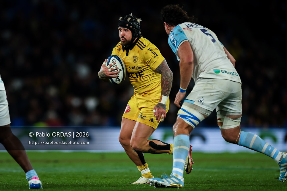 Jack Nowell, lors du match de Top 14 entre l'Aviron bayonnais et le Stade rochelais, le 28 mars 2026 au stade Anoeta de Saint-Sébastien, Espagne (Photo Pablo ORDAS)
