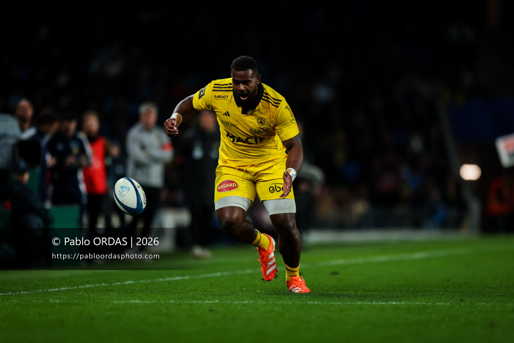 Watisoni Waqanisaravi, lors du match de Top 14 entre l'Aviron bayonnais et le Stade rochelais, le 28 mars 2026 au stade Anoeta de Saint-Sébastien, Espagne (Photo Pablo ORDAS)