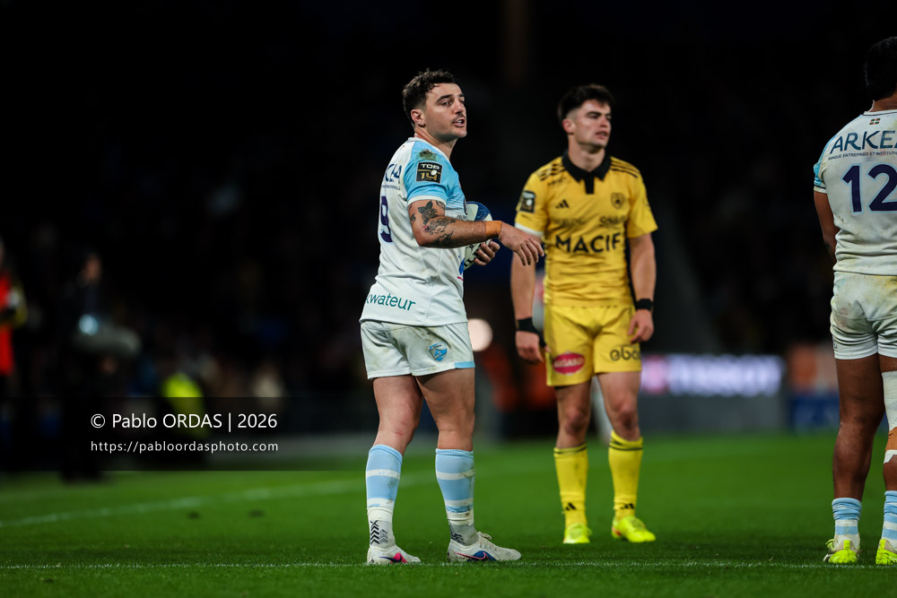 Baptiste Germain, lors du match de Top 14 entre l'Aviron bayonnais et le Stade rochelais, le 28 mars 2026 au stade Anoeta de Saint-Sébastien, Espagne (Photo Pablo ORDAS)