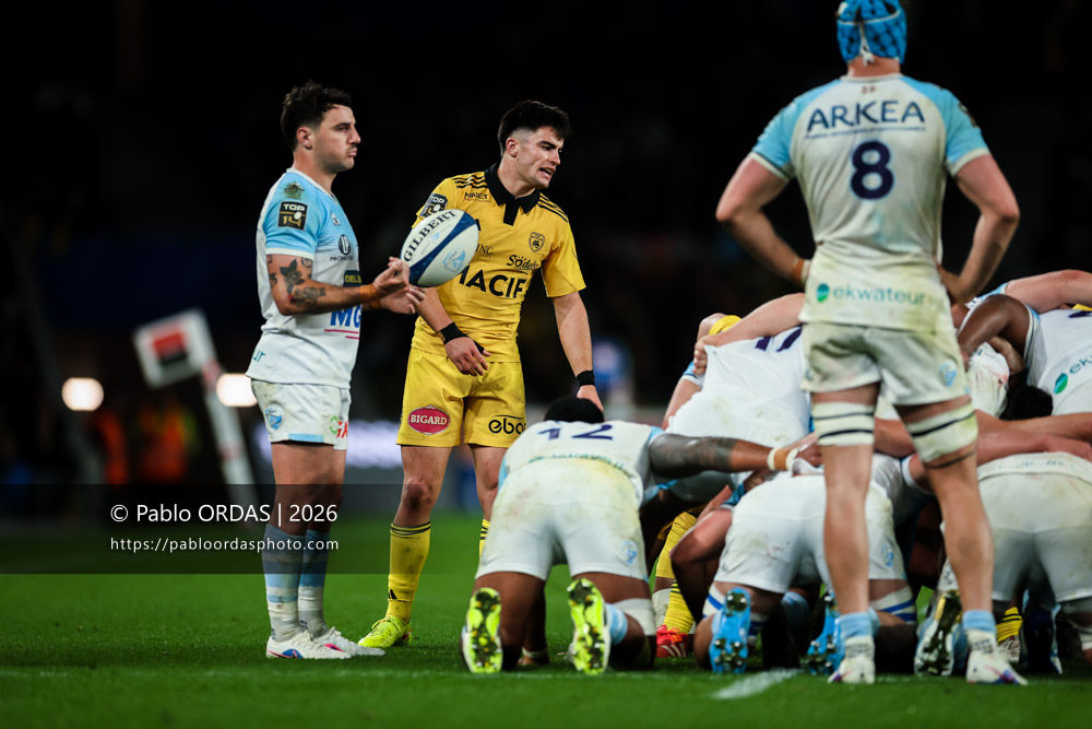 Nolann Le Garrec, lors du match de Top 14 entre l'Aviron bayonnais et le Stade rochelais, le 28 mars 2026 au stade Anoeta de Saint-Sébastien, Espagne (Photo Pablo ORDAS)