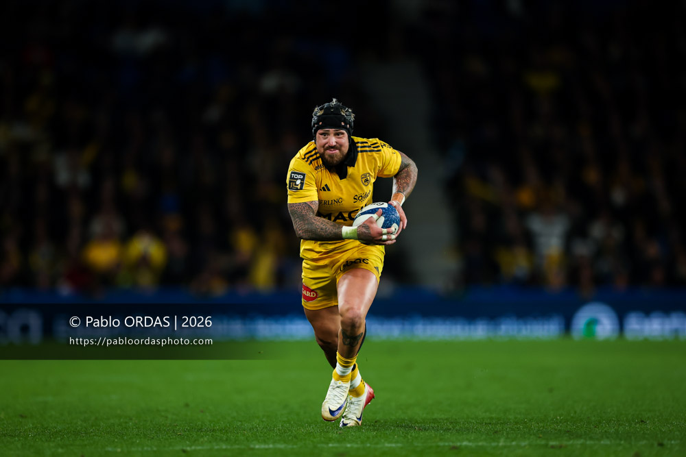 Jack Nowell, lors du match de Top 14 entre l'Aviron bayonnais et le Stade rochelais, le 28 mars 2026 au stade Anoeta de Saint-Sébastien, Espagne (Photo Pablo ORDAS)