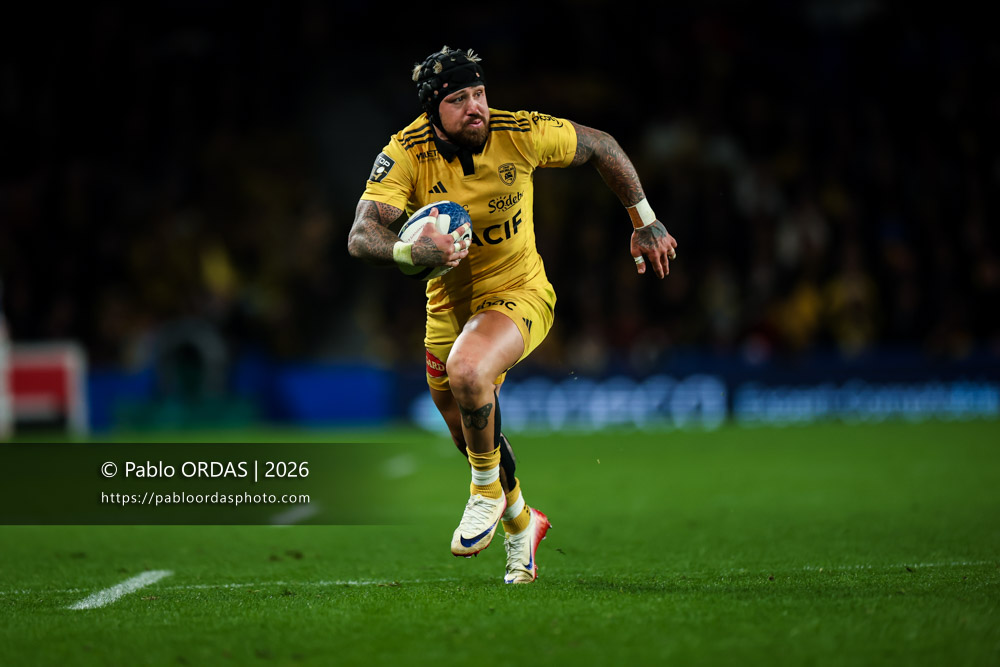 Jack Nowell, lors du match de Top 14 entre l'Aviron bayonnais et le Stade rochelais, le 28 mars 2026 au stade Anoeta de Saint-Sébastien, Espagne (Photo Pablo ORDAS)