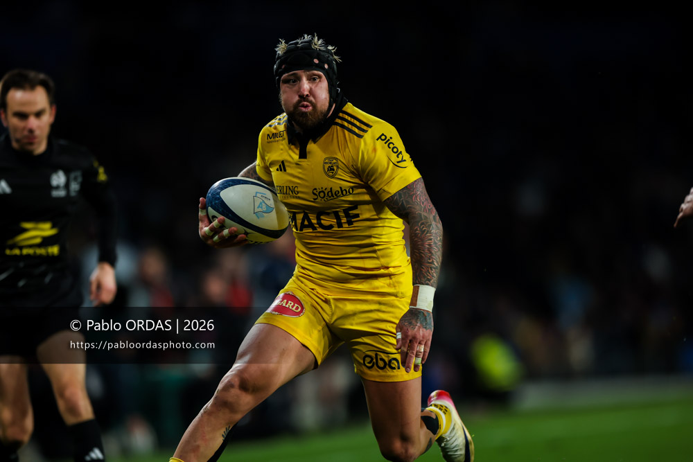 Jack Nowell, lors du match de Top 14 entre l'Aviron bayonnais et le Stade rochelais, le 28 mars 2026 au stade Anoeta de Saint-Sébastien, Espagne (Photo Pablo ORDAS)