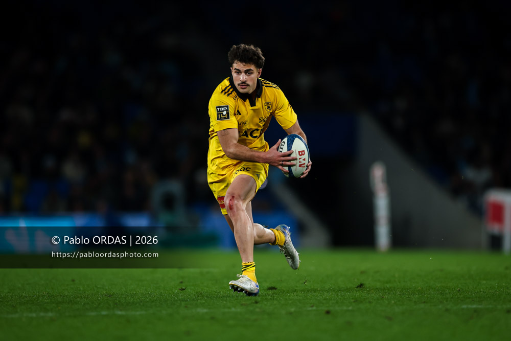 Davit Niniashvili, lors du match de Top 14 entre l'Aviron bayonnais et le Stade rochelais, le 28 mars 2026 au stade Anoeta de Saint-Sébastien, Espagne (Photo Pablo ORDAS)