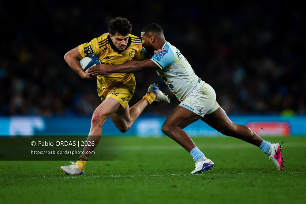 Davit Niniashvili, lors du match de Top 14 entre l'Aviron bayonnais et le Stade rochelais, le 28 mars 2026 au stade Anoeta de Saint-Sébastien, Espagne (Photo Pablo ORDAS)