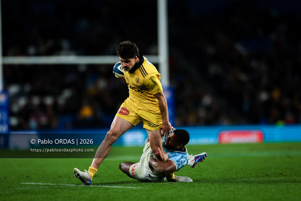 Davit Niniashvili, lors du match de Top 14 entre l'Aviron bayonnais et le Stade rochelais, le 28 mars 2026 au stade Anoeta de Saint-Sébastien, Espagne (Photo Pablo ORDAS)
