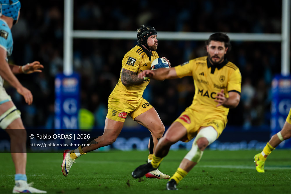 Jack Nowell, lors du match de Top 14 entre l'Aviron bayonnais et le Stade rochelais, le 28 mars 2026 au stade Anoeta de Saint-Sébastien, Espagne (Photo Pablo ORDAS)