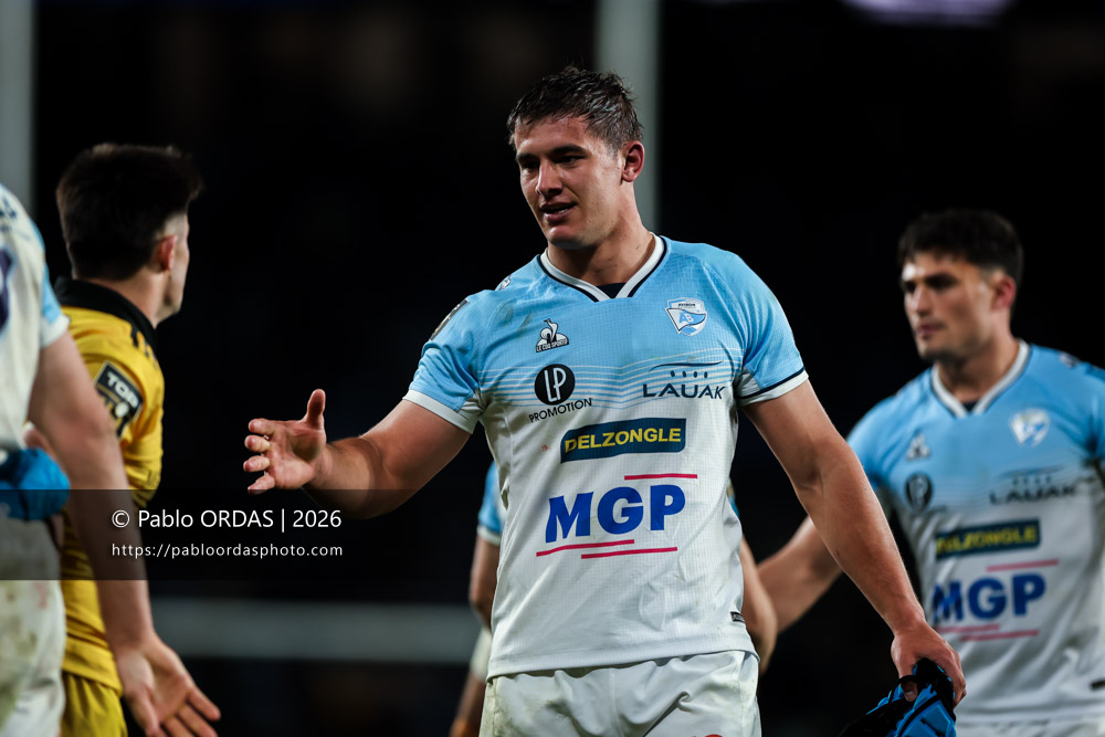 Manex Ariceta, lors du match de Top 14 entre l'Aviron bayonnais et le Stade rochelais, le 28 mars 2026 au stade Anoeta de Saint-Sébastien, Espagne (Photo Pablo ORDAS)