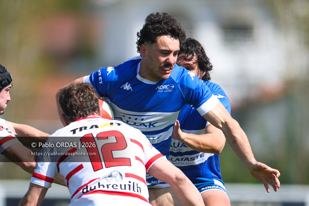 Jules Vanheye, lors du match de Nationale 2 entre l'Anglet olympique et Salles, le 29 mars 2026 au stade Saint-Jean d'Anglet, France (Photo Pablo ORDAS)