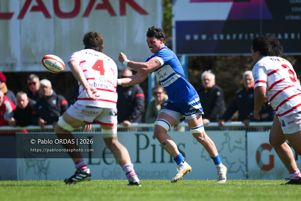 Timothé Grégoire, lors du match de Nationale 2 entre l'Anglet olympique et Salles, le 29 mars 2026 au stade Saint-Jean d'Anglet, France (Photo Pablo ORDAS)