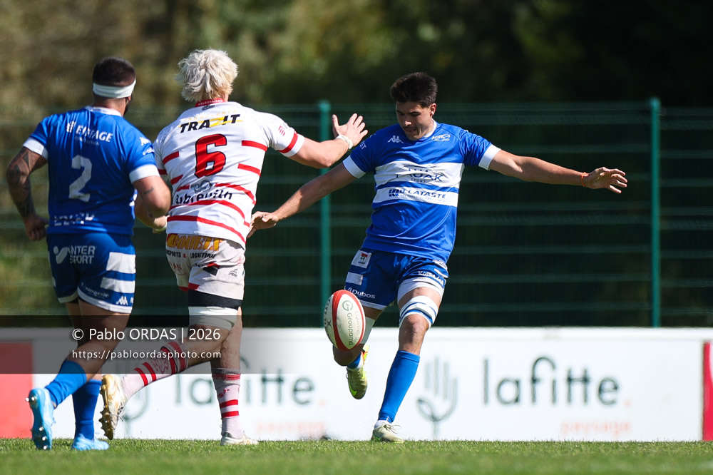 Mateo Lacroix, lors du match de Nationale 2 entre l'Anglet olympique et Salles, le 29 mars 2026 au stade Saint-Jean d'Anglet, France (Photo Pablo ORDAS)