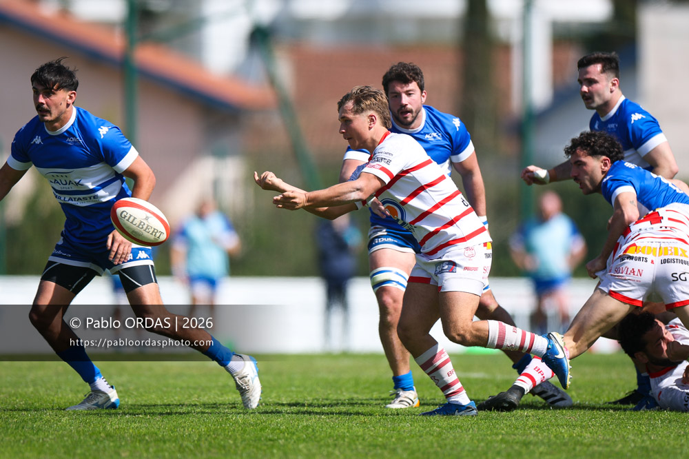 Louis Warrisse, lors du match de Nationale 2 entre l'Anglet olympique et Salles, le 29 mars 2026 au stade Saint-Jean d'Anglet, France (Photo Pablo ORDAS)