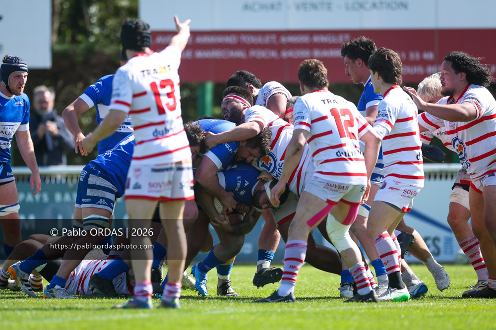 Maxime Gonzalez, lors du match de Nationale 2 entre l'Anglet olympique et Salles, le 29 mars 2026 au stade Saint-Jean d'Anglet, France (Photo Pablo ORDAS))