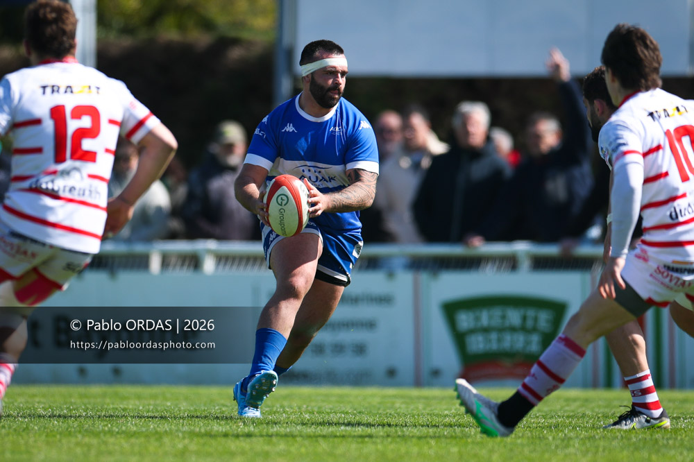 Maxime Gonzalez, lors du match de Nationale 2 entre l'Anglet olympique et Salles, le 29 mars 2026 au stade Saint-Jean d'Anglet, France (Photo Pablo ORDAS))