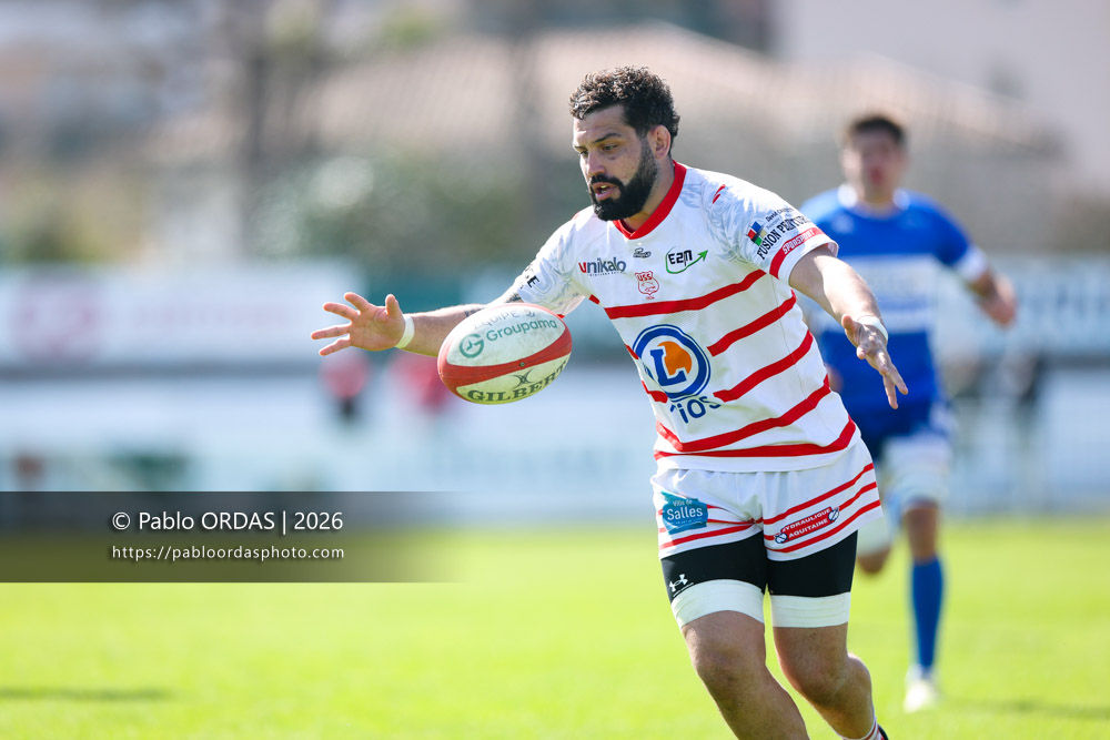 Brian Recher, lors du match de Nationale 2 entre l'Anglet olympique et Salles, le 29 mars 2026 au stade Saint-Jean d'Anglet, France (Photo Pablo ORDAS