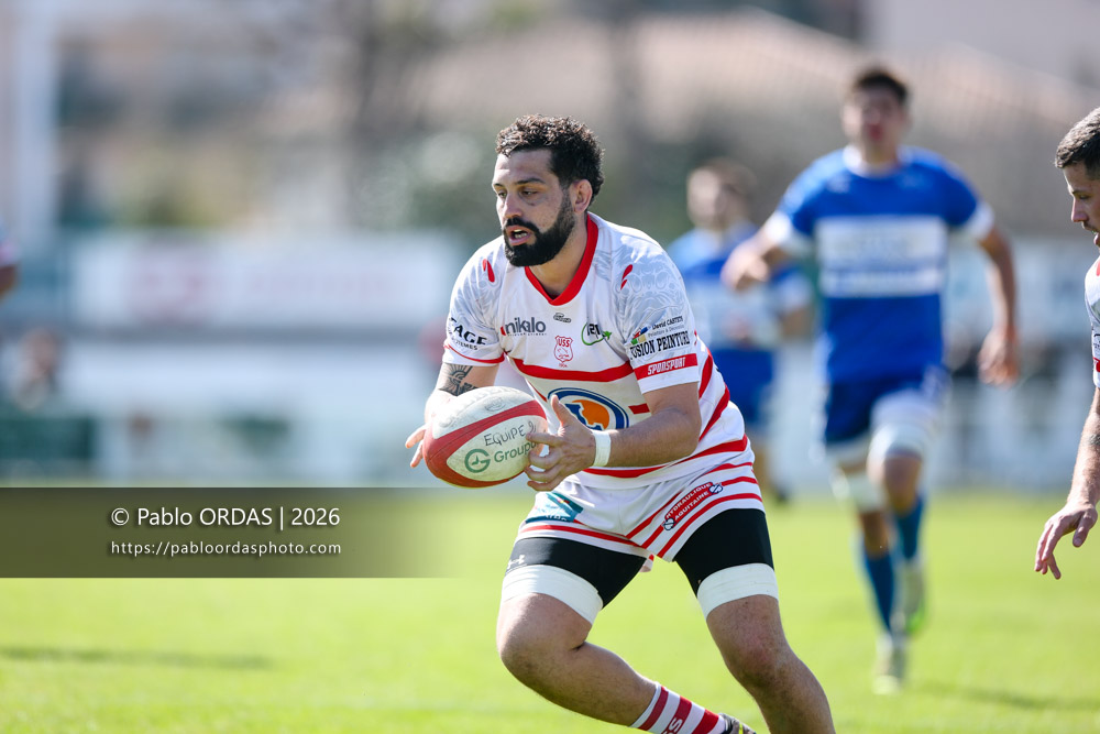 Brian Recher, lors du match de Nationale 2 entre l'Anglet olympique et Salles, le 29 mars 2026 au stade Saint-Jean d'Anglet, France (Photo Pablo ORDAS