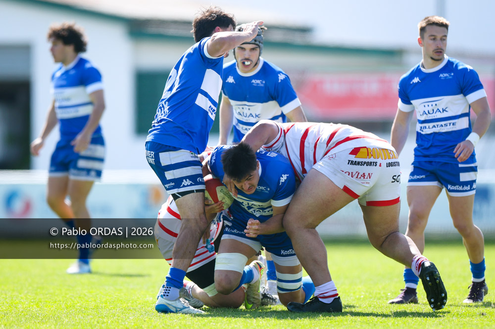 Mateo Lacroix, lors du match de Nationale 2 entre l'Anglet olympique et Salles, le 29 mars 2026 au stade Saint-Jean d'Anglet, France (Photo Pablo ORDAS