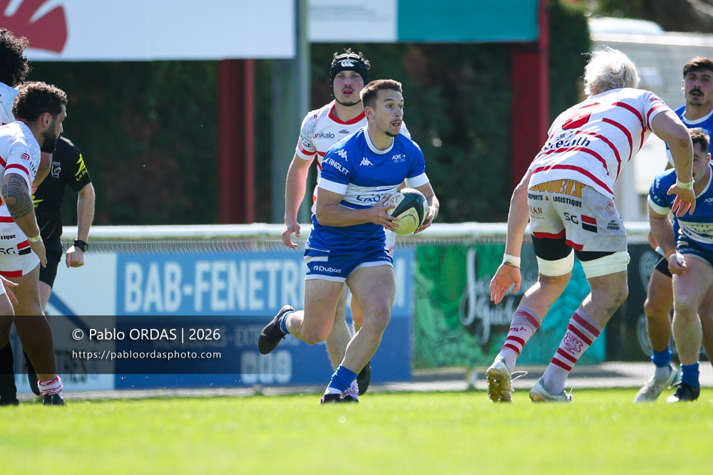 Alexis Bérot, lors du match de Nationale 2 entre l'Anglet olympique et Salles, le 29 mars 2026 au stade Saint-Jean d'Anglet, France (Photo Pablo ORDAS