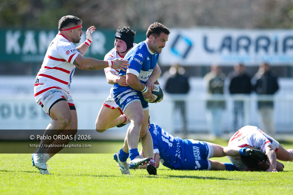 Max Bru, lors du match de Nationale 2 entre l'Anglet olympique et Salles, le 29 mars 2026 au stade Saint-Jean d'Anglet, France (Photo Pablo ORDAS
