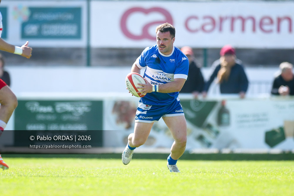 Max Bru, lors du match de Nationale 2 entre l'Anglet olympique et Salles, le 29 mars 2026 au stade Saint-Jean d'Anglet, France (Photo Pablo ORDAS