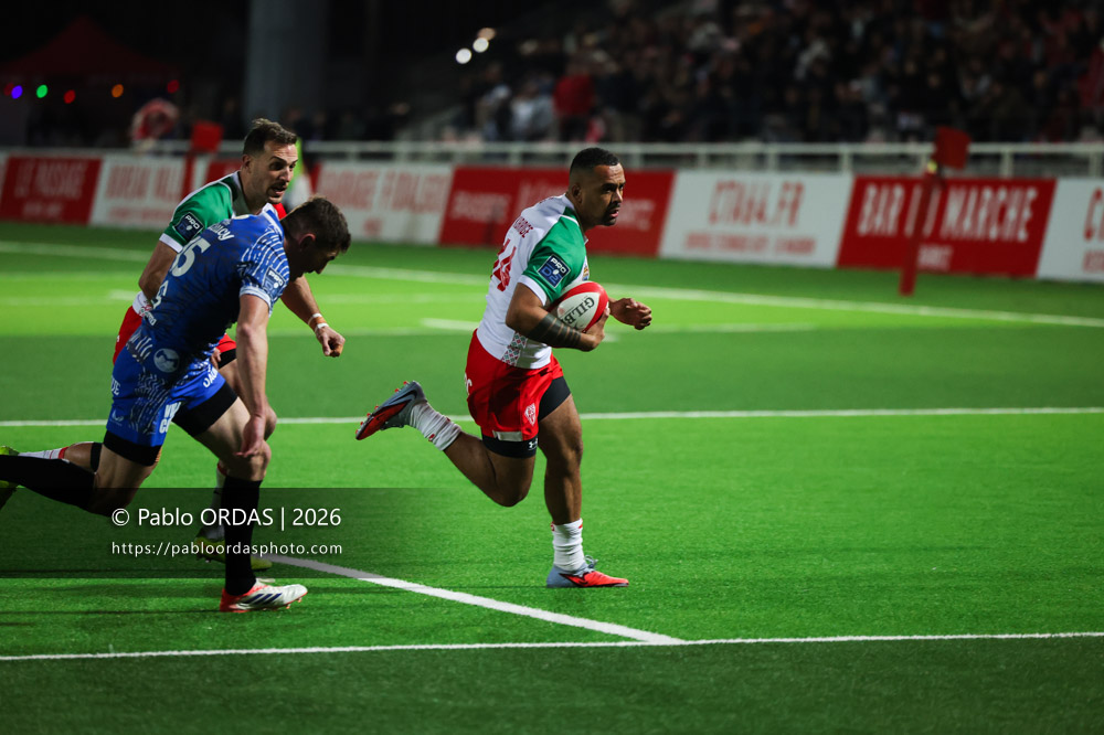 Zach Kibirige, lors du match de Pro D2 entre le Biarritz olympique et Vannes, le 21 février 2026 au stade Aguiléra de Biarritz, France (Photo Pablo ORDAS)