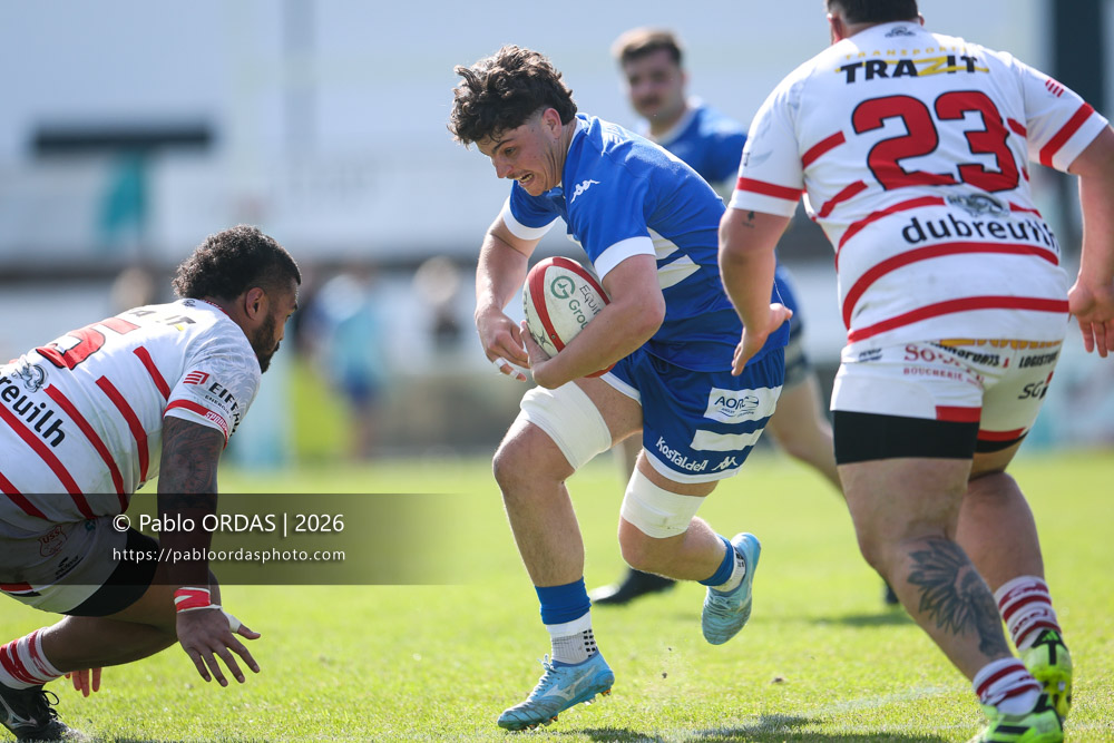 Pablo Benard, lors du match de Nationale 2 entre l'Anglet olympique et Salles, le 29 mars 2026 au stade Saint-Jean d'Anglet, France (Photo Pablo ORDAS
