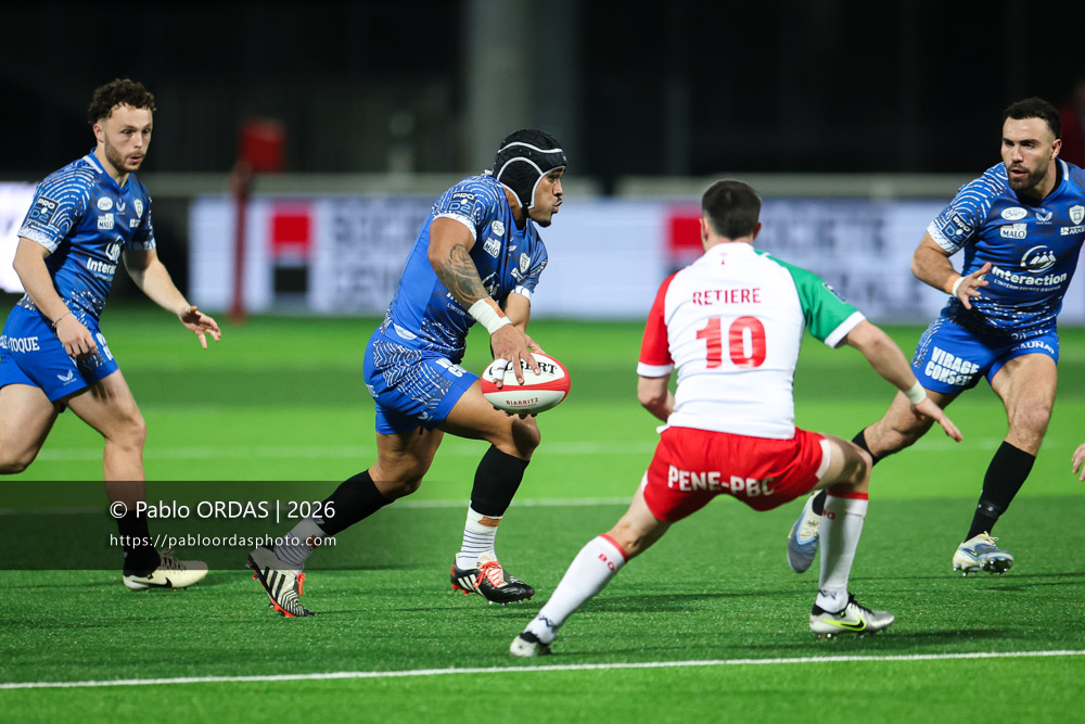 Francis Saili, lors du match de Pro D2 entre le Biarritz olympique et Vannes, le 21 février 2026 au stade Aguiléra de Biarritz, France (Photo Pablo ORDAS)