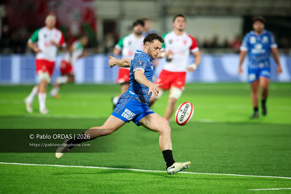 Thibault Debaës, lors du match de Pro D2 entre le Biarritz olympique et Vannes, le 21 février 2026 au stade Aguiléra de Biarritz, France (Photo Pablo ORDAS)