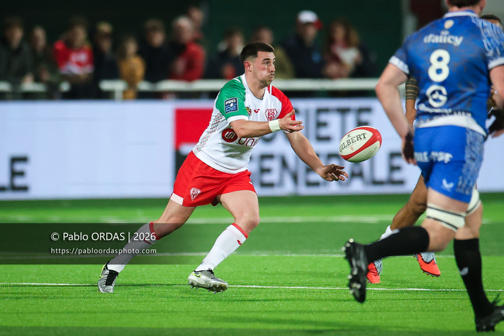 Edgar Retière, lors du match de Pro D2 entre le Biarritz olympique et Vannes, le 21 février 2026 au stade Aguiléra de Biarritz, France (Photo Pablo ORDAS)