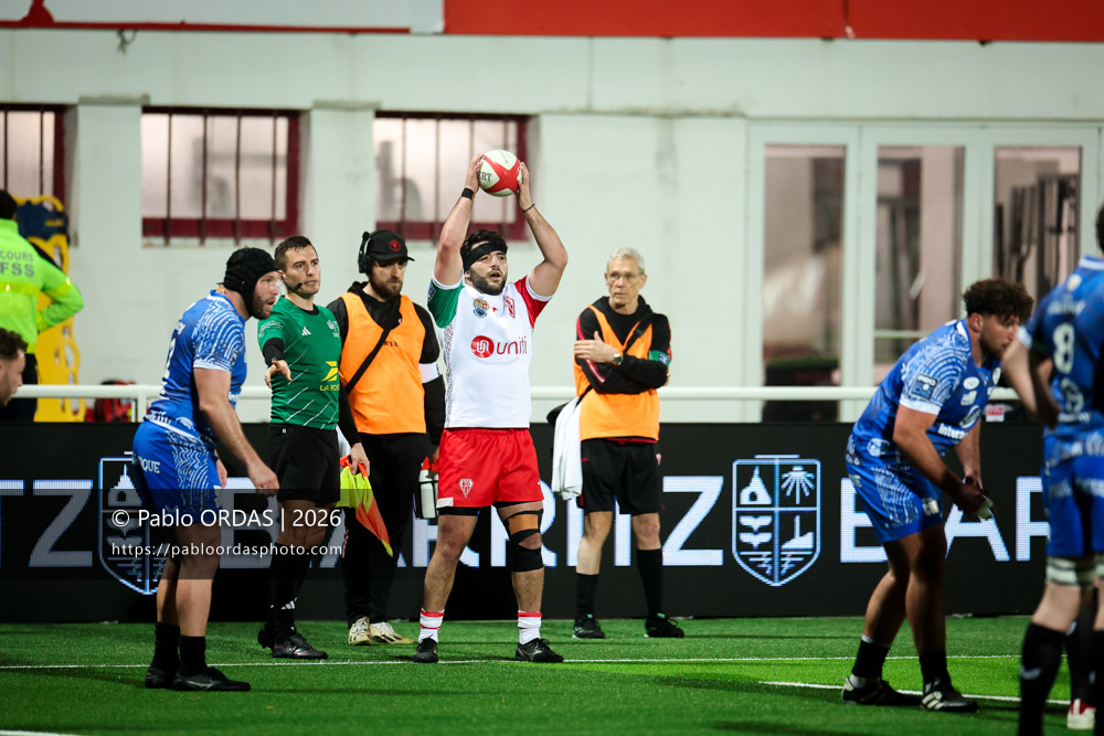 Adrien Sonzogni, lors du match de Pro D2 entre le Biarritz olympique et Vannes, le 21 février 2026 au stade Aguiléra de Biarritz, France (Photo Pablo ORDAS)