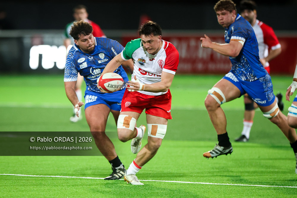 Andrea Sacco, lors du match de Pro D2 entre le Biarritz olympique et Vannes, le 21 février 2026 au stade Aguiléra de Biarritz, France (Photo Pablo ORDAS)