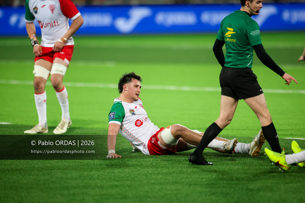 Andrea Sacco, lors du match de Pro D2 entre le Biarritz olympique et Vannes, le 21 février 2026 au stade Aguiléra de Biarritz, France (Photo Pablo ORDAS)