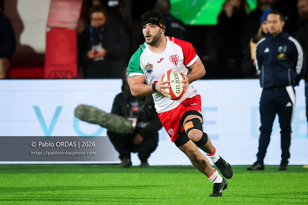 Adrien Sonzogni, lors du match de Pro D2 entre le Biarritz olympique et Vannes, le 21 février 2026 au stade Aguiléra de Biarritz, France (Photo Pablo ORDAS)