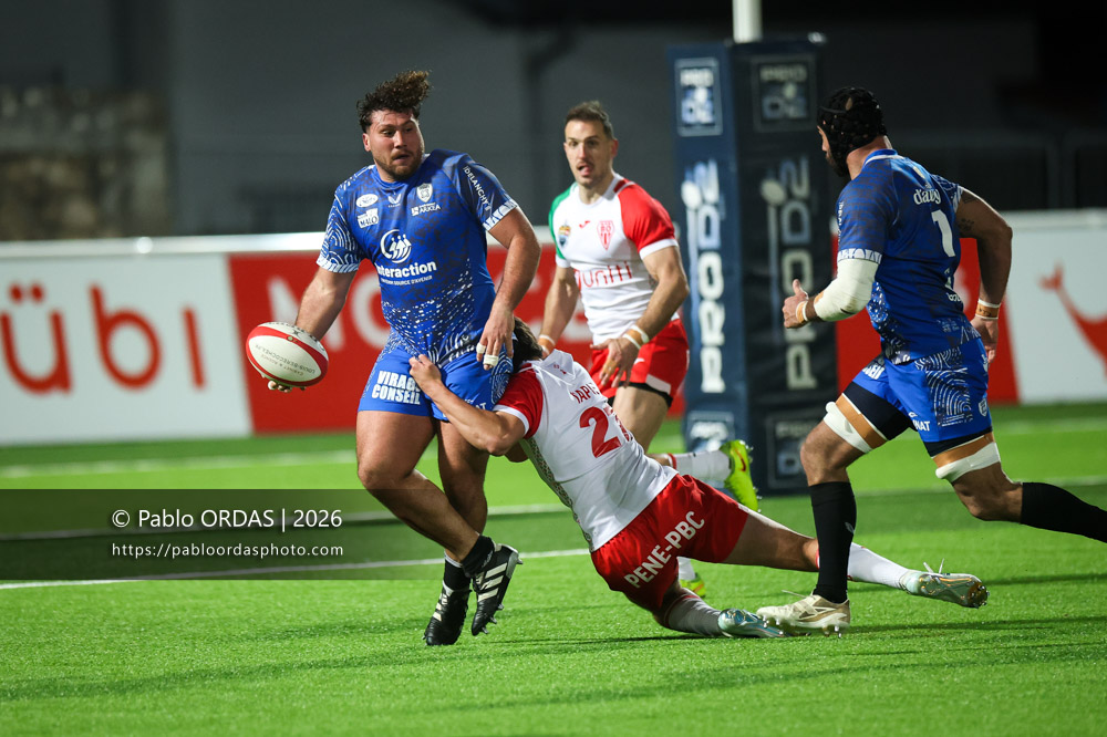 Wayan de Benedittis, lors du match de Pro D2 entre le Biarritz olympique et Vannes, le 21 février 2026 au stade Aguiléra de Biarritz, France (Photo Pablo ORDAS)