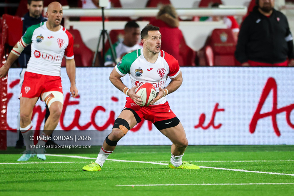 Kylian Jaminet, lors du match de Pro D2 entre le Biarritz olympique et Vannes, le 21 février 2026 au stade Aguiléra de Biarritz, France (Photo Pablo ORDAS)