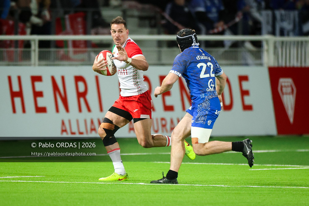 Kylian Jaminet, lors du match de Pro D2 entre le Biarritz olympique et Vannes, le 21 février 2026 au stade Aguiléra de Biarritz, France (Photo Pablo ORDAS)