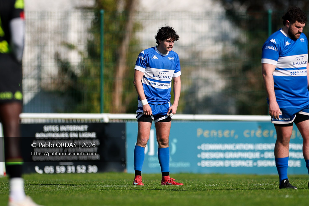 Eliot August, lors du match de Nationale 2 entre l'Anglet olympique et Orléans, le 1er mars 2026 au stade Saint-Jean d'Anglet, France (Photo Pablo ORDAS)