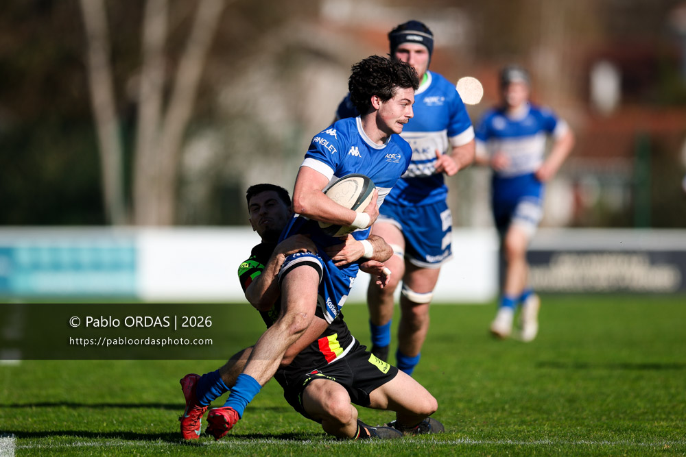 Eliot August, lors du match de Nationale 2 entre l'Anglet olympique et Orléans, le 1er mars 2026 au stade Saint-Jean d'Anglet, France (Photo Pablo ORDAS)