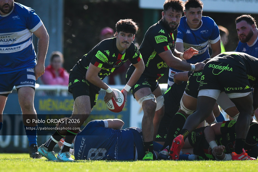 Peio Etchebest, lors du match de Nationale 2 entre l'Anglet olympique et Orléans, le 1er mars 2026 au stade Saint-Jean d'Anglet, France (Photo Pablo ORDAS)