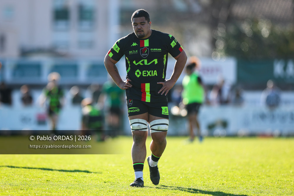 Makatuki Polutélé, lors du match de Nationale 2 entre l'Anglet olympique et Orléans, le 1er mars 2026 au stade Saint-Jean d'Anglet, France (Photo Pablo ORDAS)