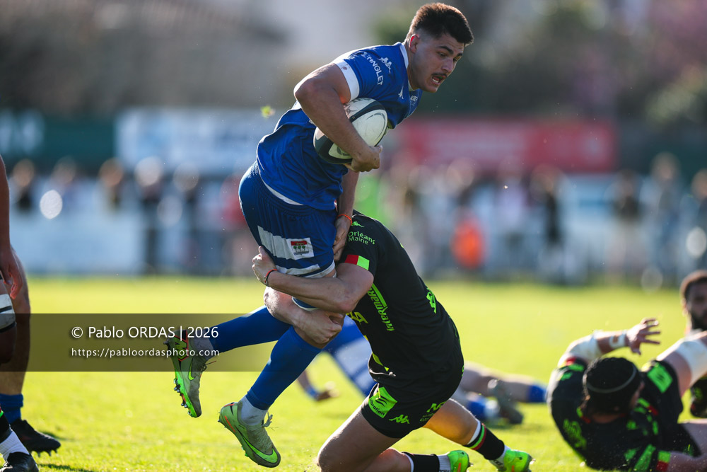 Mateo Lacroix, lors du match de Nationale 2 entre l'Anglet olympique et Orléans, le 1er mars 2026 au stade Saint-Jean d'Anglet, France (Photo Pablo ORDAS)