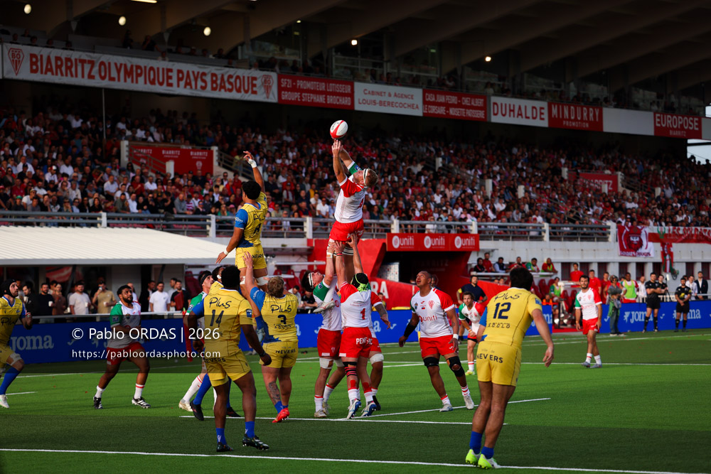 Heath Backhouse, lors du match de Pro D2 entre le Biarritz olympique et Nevers, le 10 avril 2026 au stade Aguiléra de Biarritz, France (Photo Pablo ORDAS)
