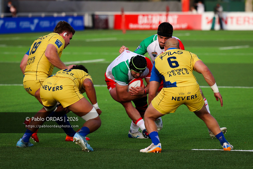 Giorgi Nutsubidze, lors du match de Pro D2 entre le Biarritz olympique et Nevers, le 10 avril 2026 au stade Aguiléra de Biarritz, France (Photo Pablo ORDAS)